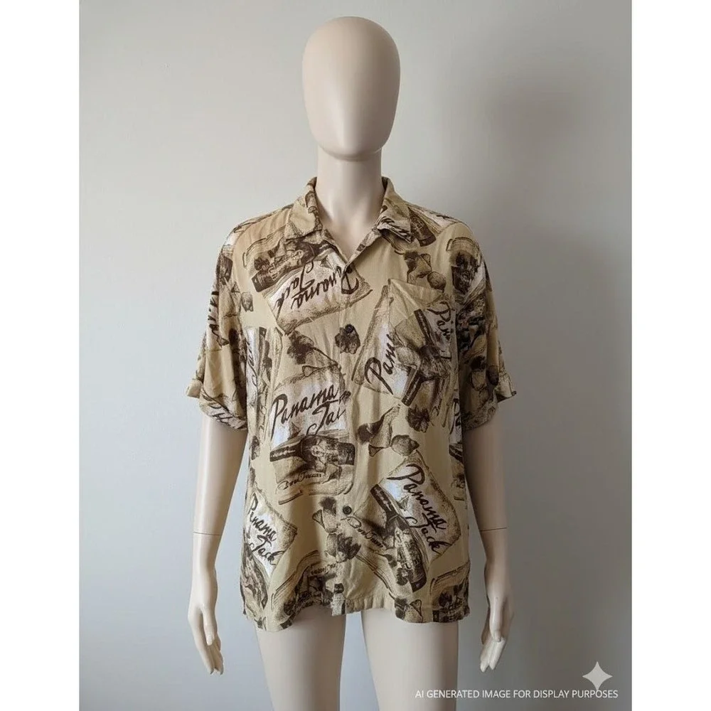 Panama Jack‎ Rum Buried Treasure Men's XXL Tan Tropical Rayon Aloha Shirt Used